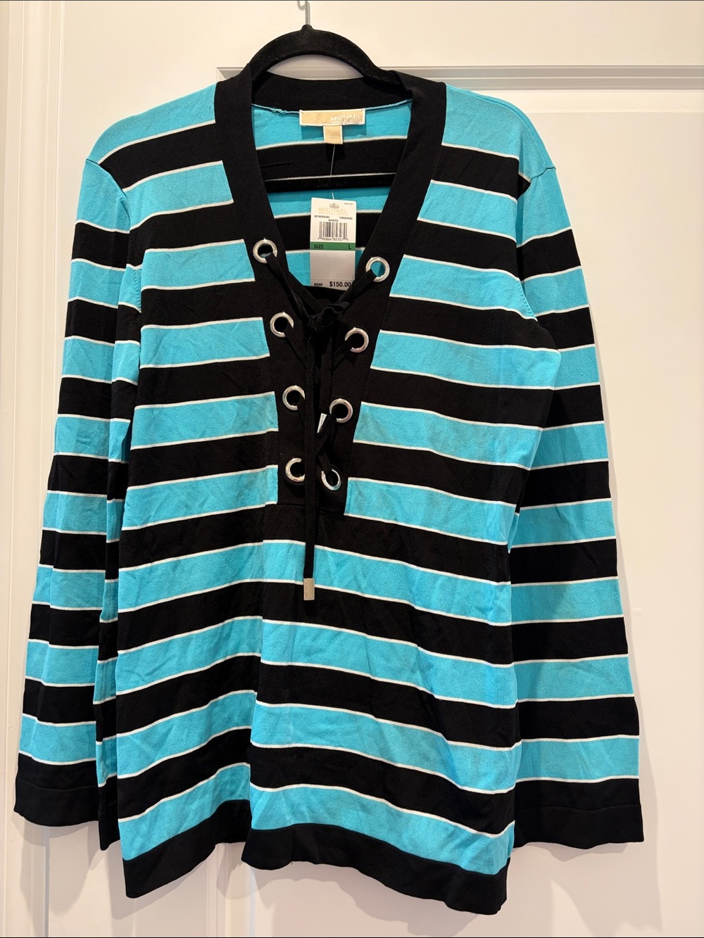 MICHAEL Michael Kors Black and Turquoise Striped Lace-Up Sweater